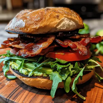 Candied BTLA with maple-candied bacon, arugula, tomato, avocado on a snowflake bun with basil aioli